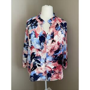 Jones New York Blue & Pink Floral 3/4 Sleeve Button Blouse Top Plus Size 1X
